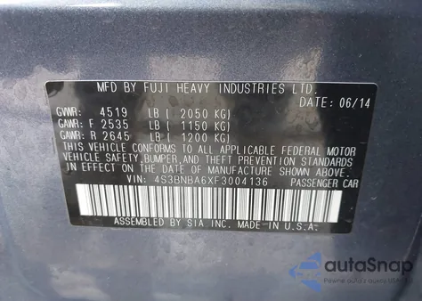 2015 Subaru Legacy 2.5I z USA, uszkodzony, nr VIN 4S3BNBA6XF3004136